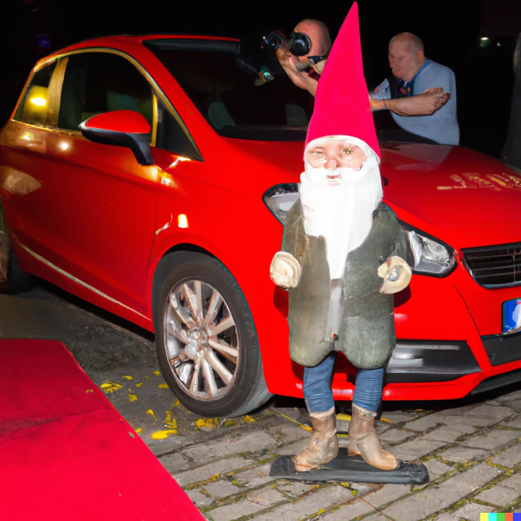 Prompt: Garden gnome getting out of a Mercedes Benz A180 AMG onto a red carpet surrounded by paparazzi taking flash photographs