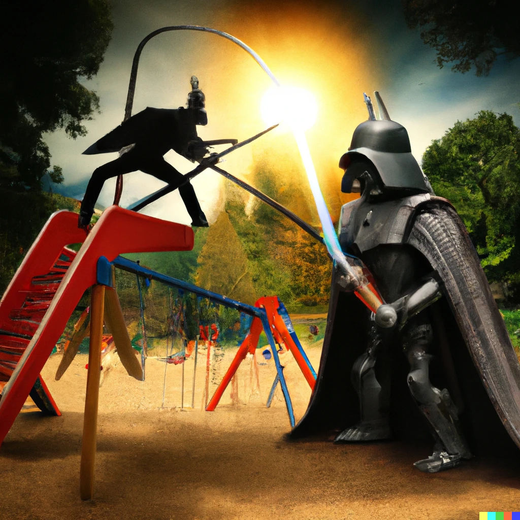 Prompt: Darth Vader fighting against Sauron on a playground, photo realistic