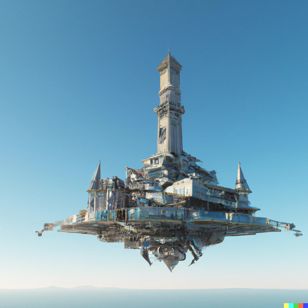 Prompt: 3D render of a floating futuristic castle in a clear sky, digital art