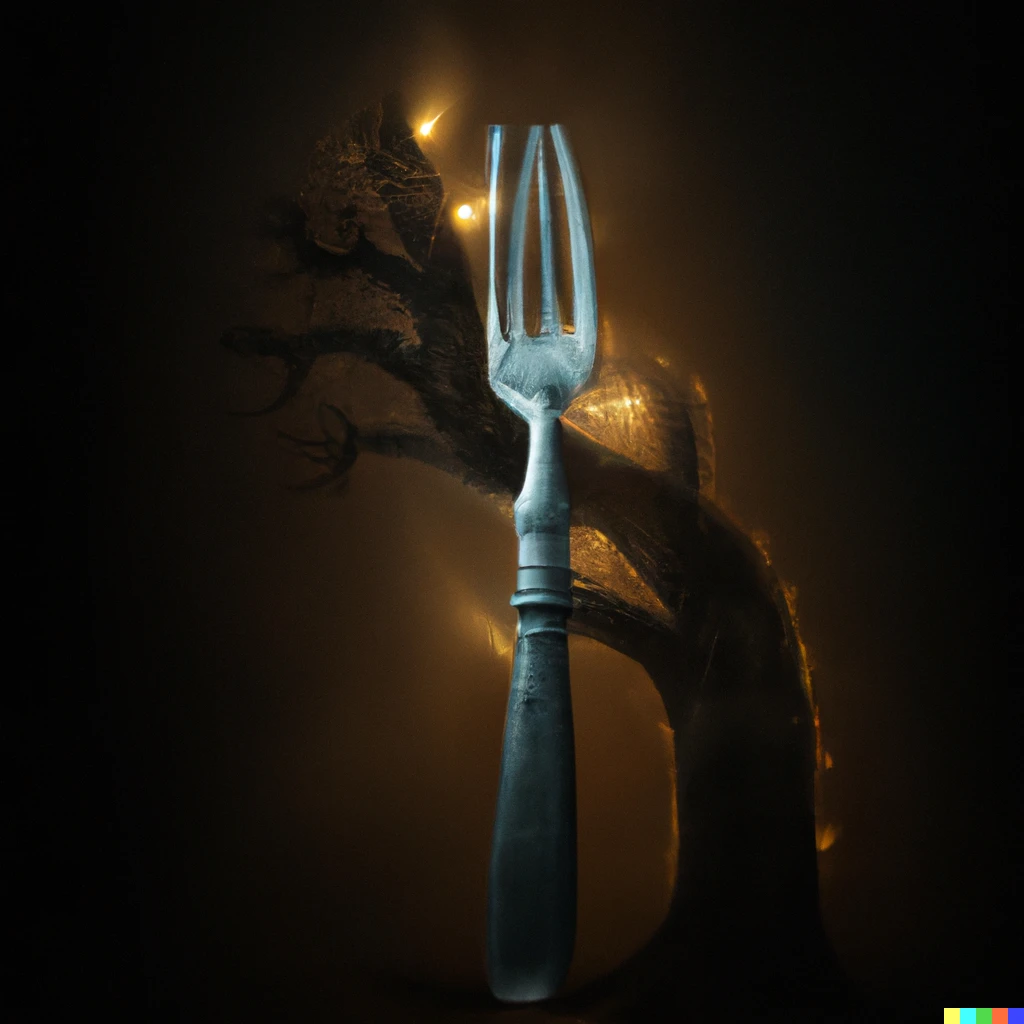 Prompt: fork in front of tree glowing within afterparty in a Rembrandt style, digital art