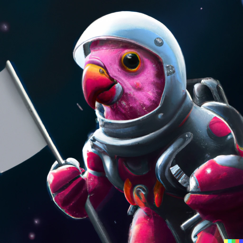 Prompt: pink parrot Astronaut in space holding a red flag in a photorealistic style, digital art