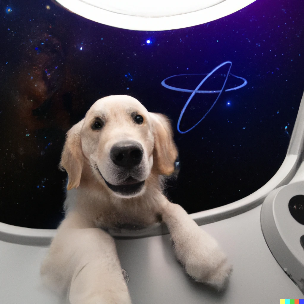 Prompt: An English Cream Golden Retriever, on a space ship, being a good boye