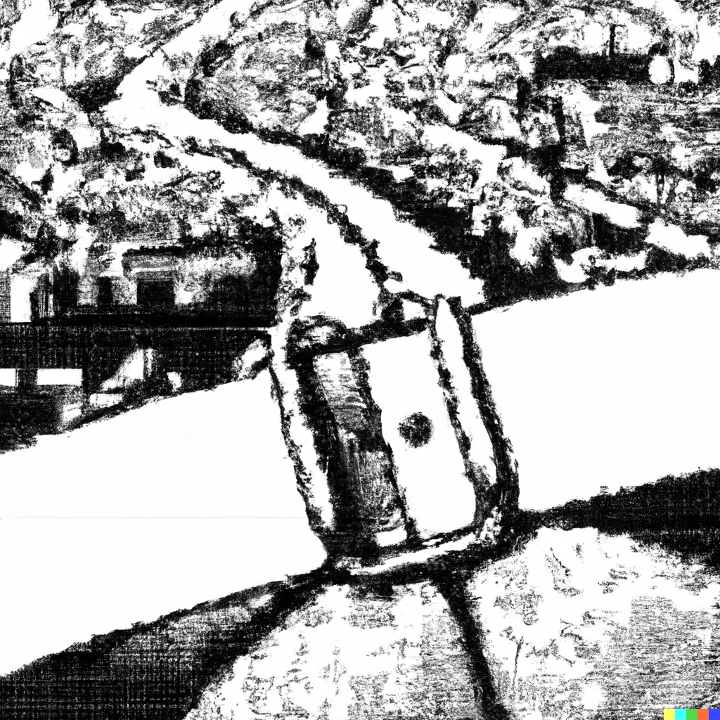 Prompt: A city buckled in a seatbelt in a pointillism style