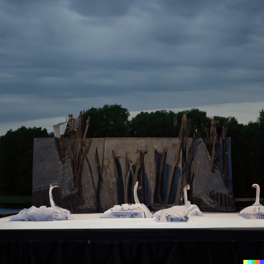 Prompt: White and silver set for the ballet "Swan Lake" in an open air theatre, dark evening sky, birds in the sky, trees around theatre