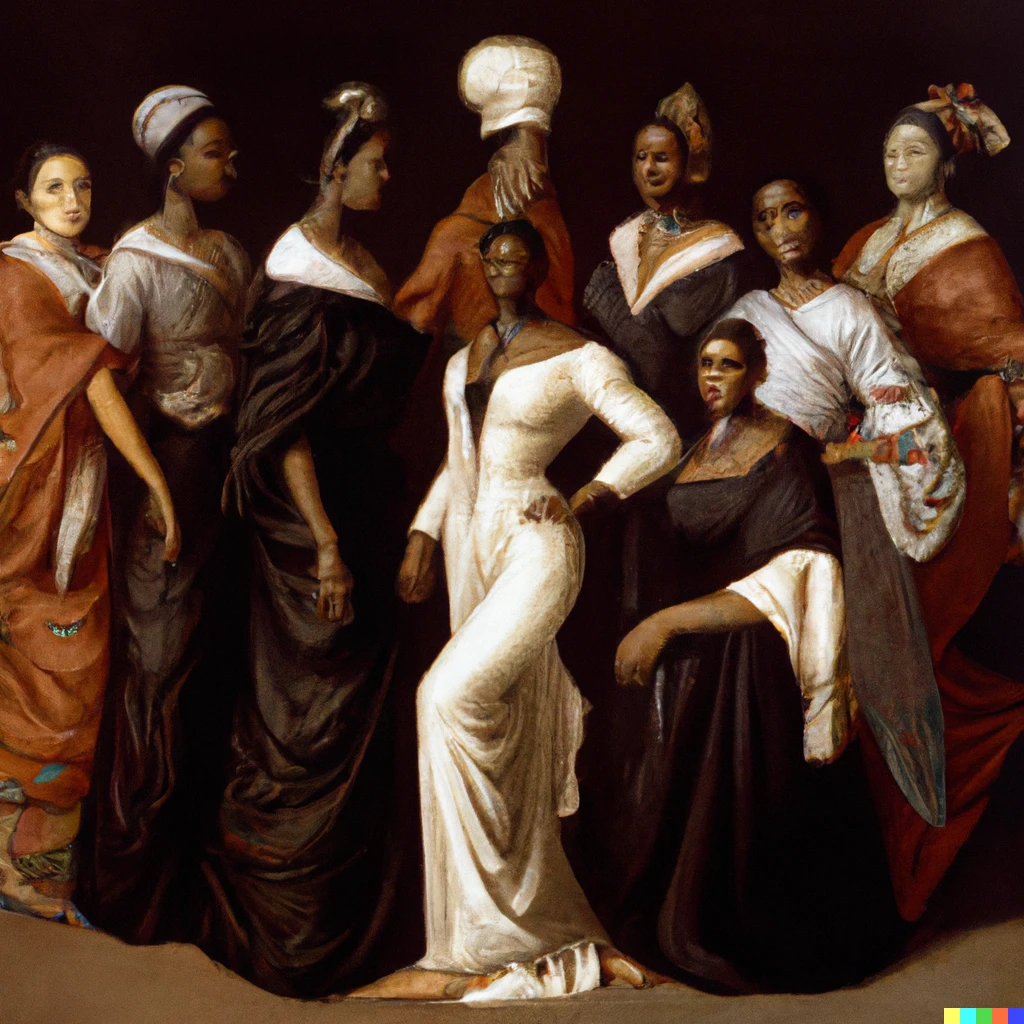 Prompt: A Diego Velázquez painting presenting six 21st century fashion models