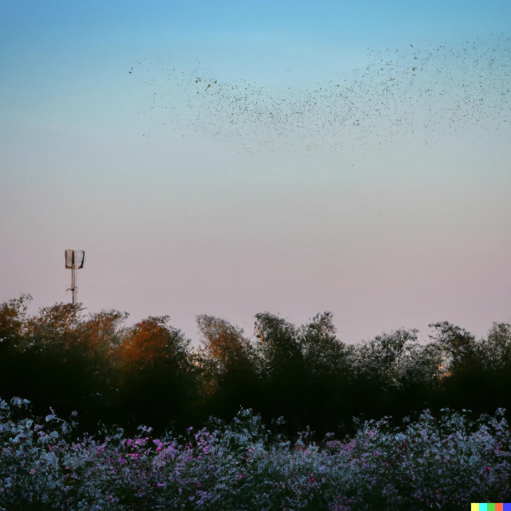 Prompt: A shadowy field of gypsophila surrounded with a bamboo forest, satellite and birds in the sky, evening light