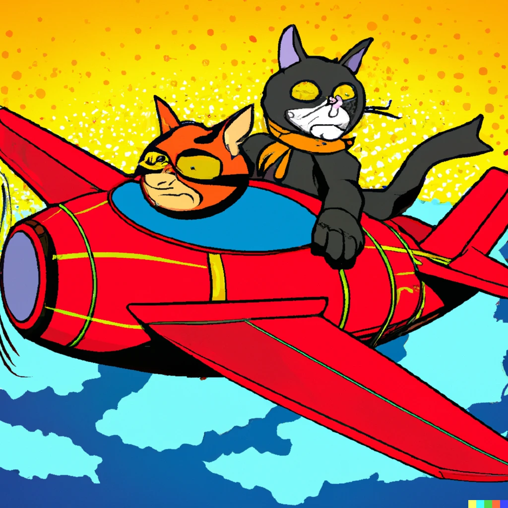 Prompt: Two cats riding a flighter jet in comic book style