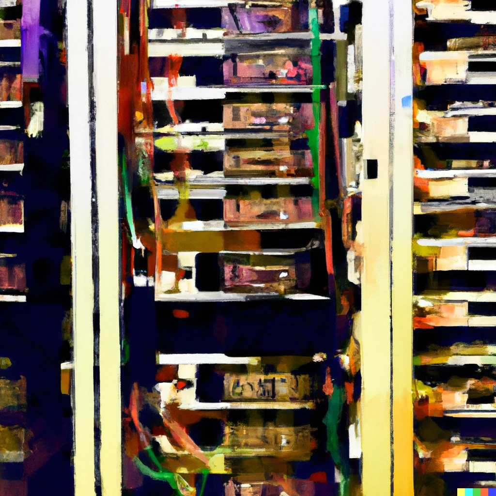 Prompt: An abstract oil painting of a data center’s rack of computers 
