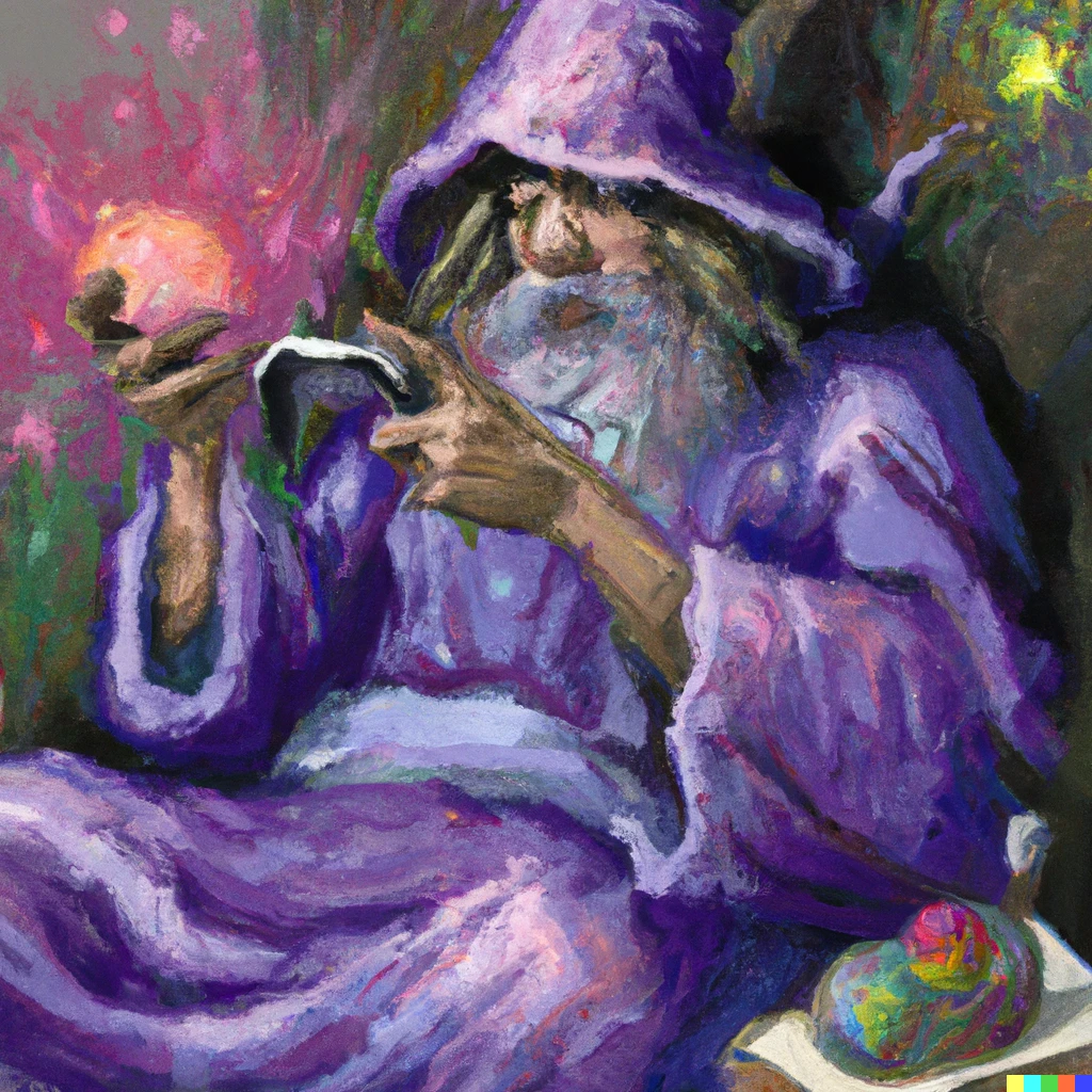 Prompt: Oil painting of a wizard in purple robes playing xbox