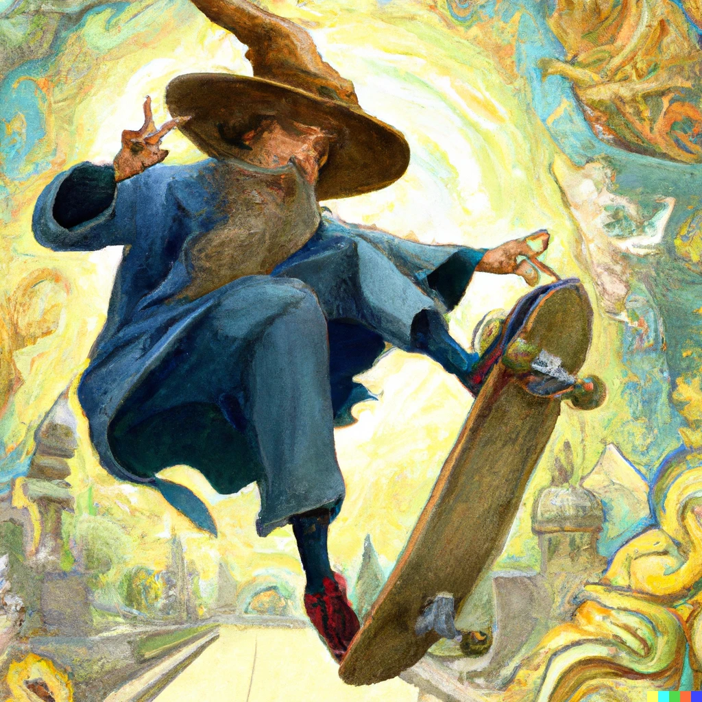 Prompt: A wizard doing a kick flip on a skateboard surrounded by magic by Van Gogh 