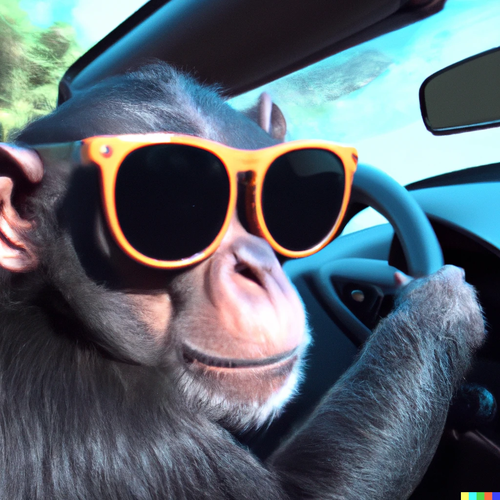 Prompt: Monkey wearing sunglasses driving a car, 4K, HD, wallpaper