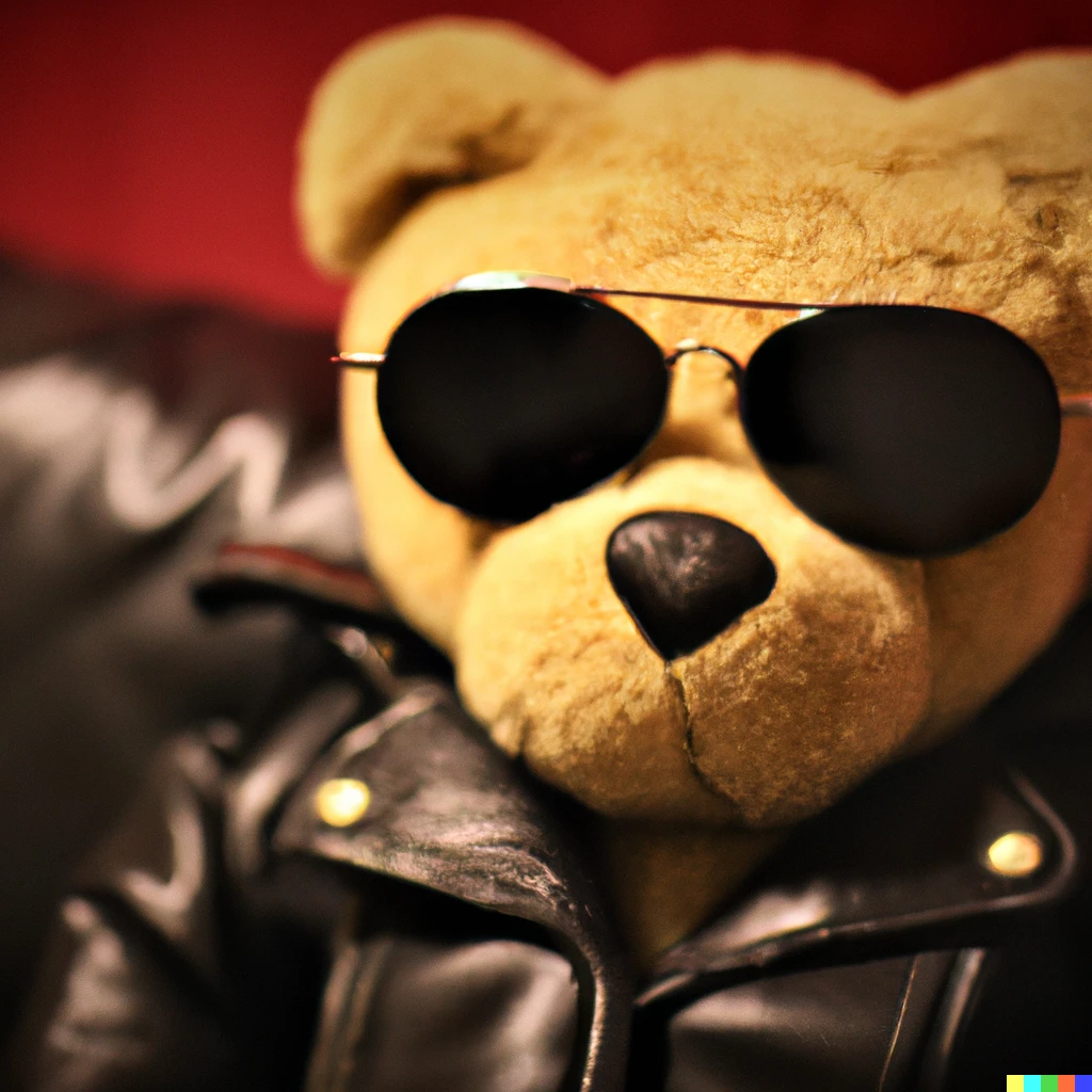 Prompt: Photograph of a teddy bear wearing a leather jacket and sunglasses, Canon EOS Rebel SL2, f/2.2, 50 mm, 1/4 sec., ISO-200
