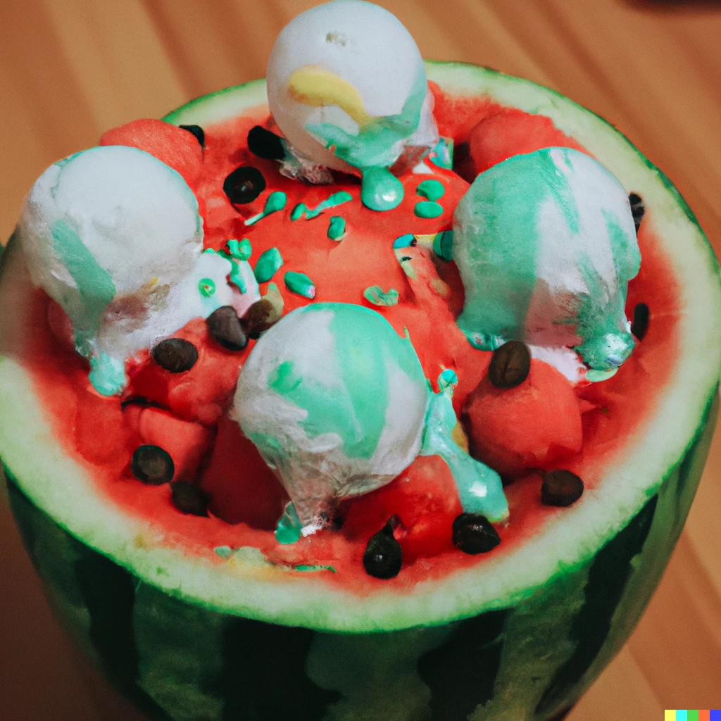 Prompt: Photo of a watermelon where the insides are made of ice cream