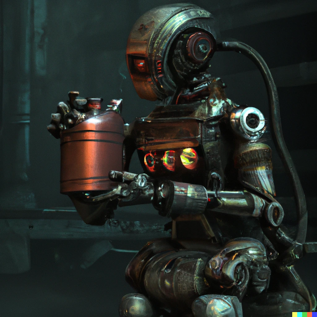 Prompt: Dieselpunk robot drinking from a fuel can, digital art