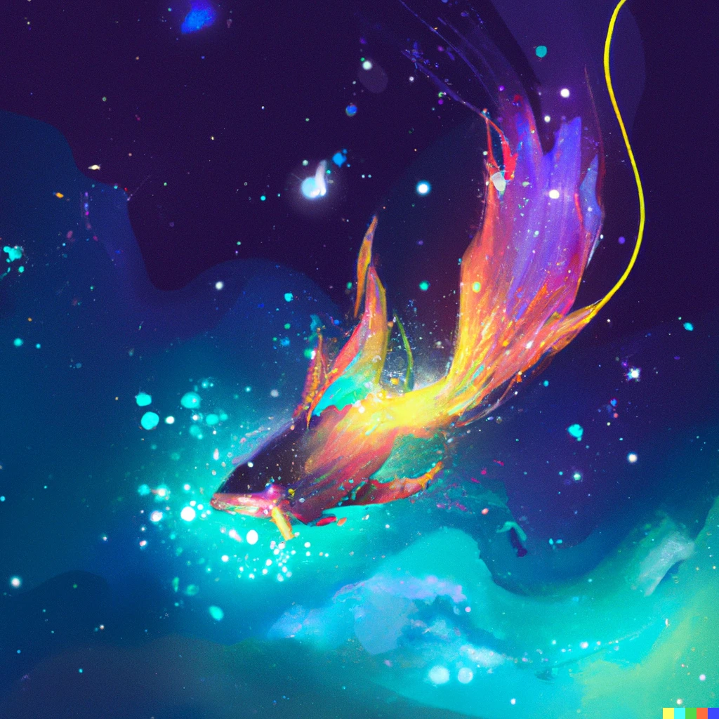 Prompt: Astral fish swimming between the stars, digital art