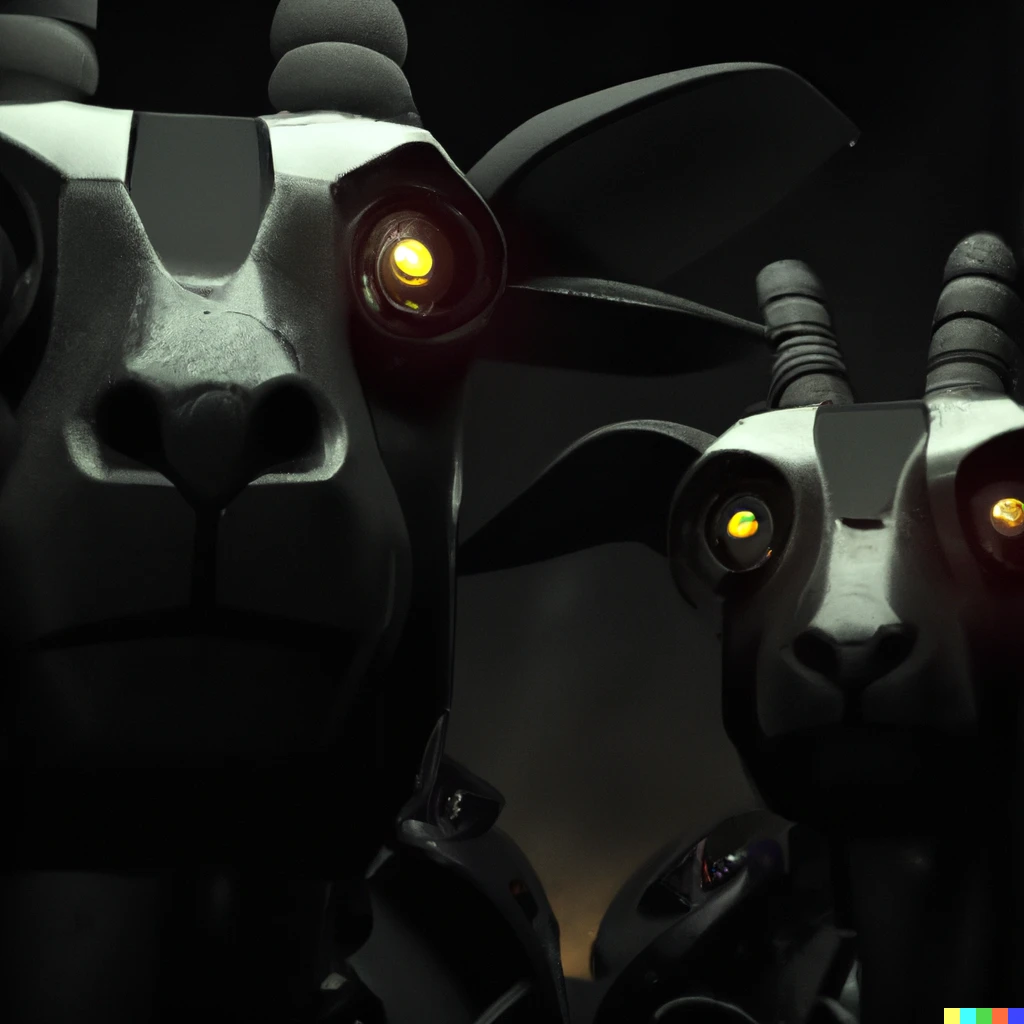 Prompt: Robotic sheeps staring at the camera in the dark, digital art