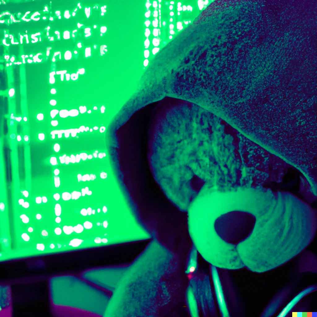 Prompt: Photograph of a teddy bear in a hoodie, headphones around neck, hacking the mainframe, green code on monitor, green tint