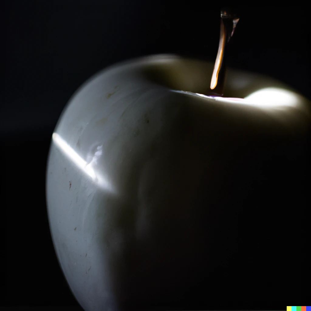Prompt: 35mm macro photograph of god rays shining on a white apple in the dark