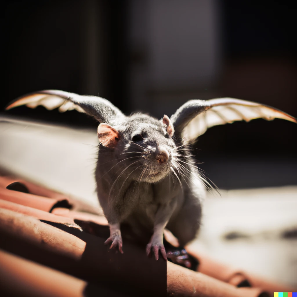 Prompt: 35mm macro photograph of a rat with wings, sunny day