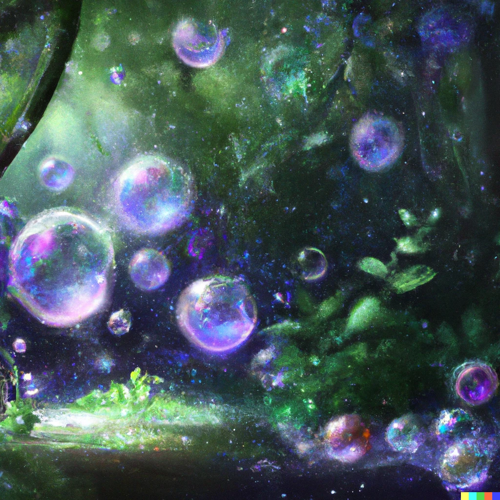 Prompt: It's raining with bubbles in a magical forest, digital art