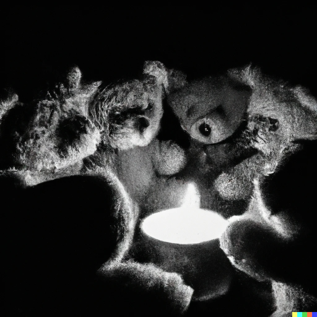 Prompt: Black and white photograph of a group of teddy bears plotting in the dark around a candle