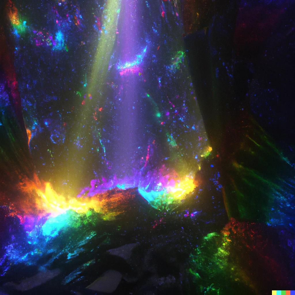 Prompt: Exploring a cavern full of bright glowing rainbow crystals, Unreal Engine