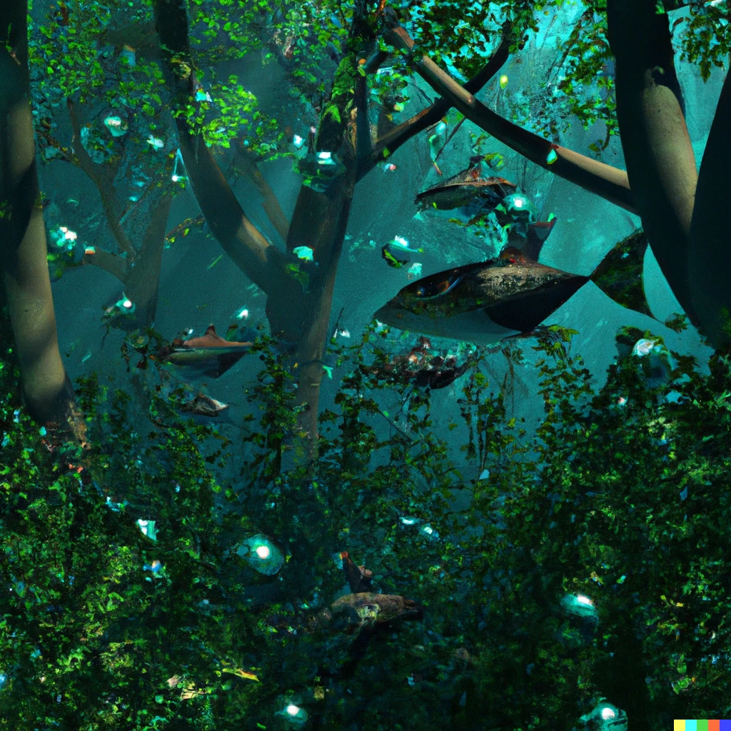 Prompt: Fish swimming in an underwater forest, trees, overgrown, air bubbles, vibrant, 8K, HD, extremely detailed, Unity3D