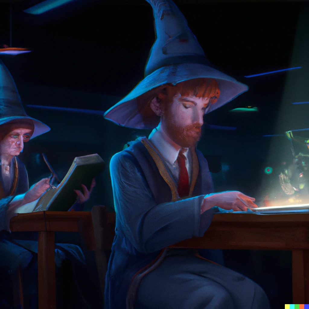 Prompt: Wizard students learning about magic in class, very beautiful, very detailed, 4K, digital art