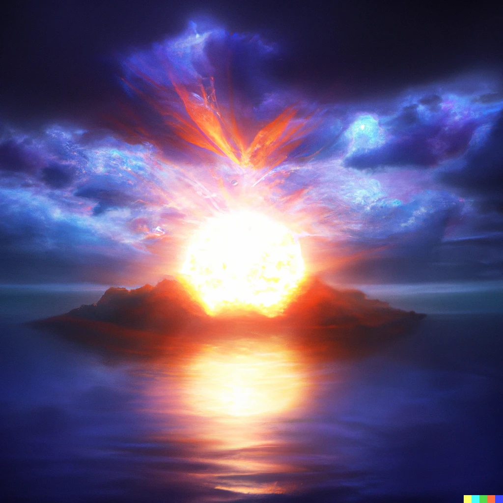 Prompt: A ball of holy light emerges from the ocean, digital art