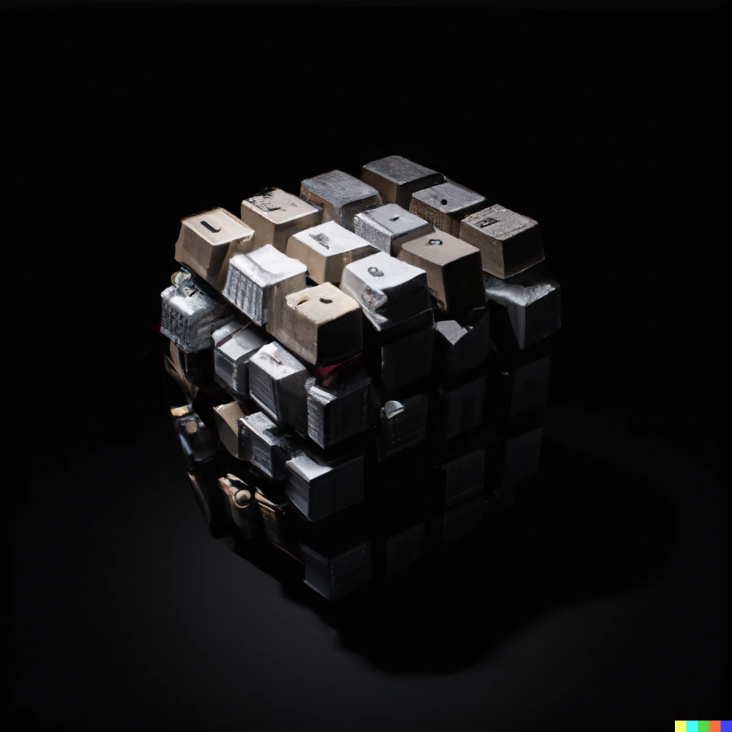 Prompt: Professional photograph of a cube made of keyboard caps, studio lighting, dark background