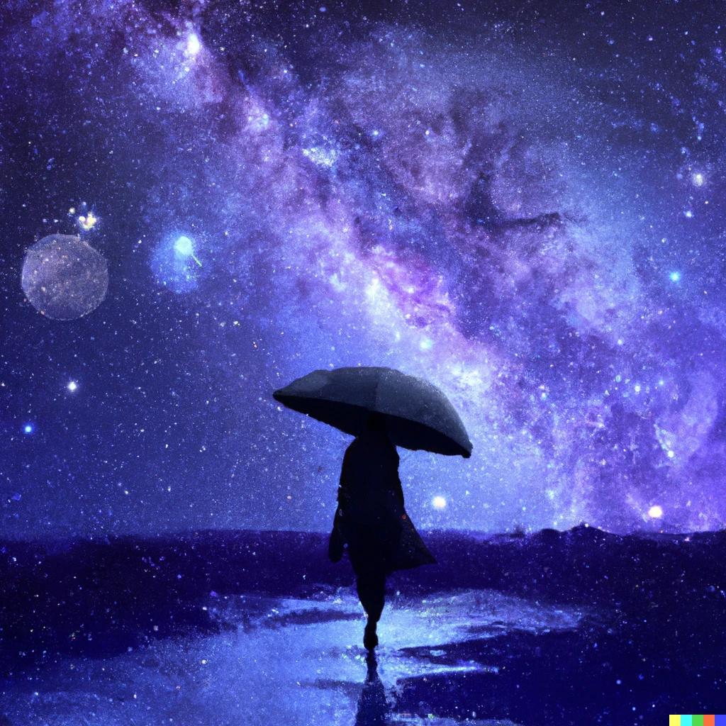 Prompt: Woman walking with an umbrella under the raining stars and galaxies, digital art