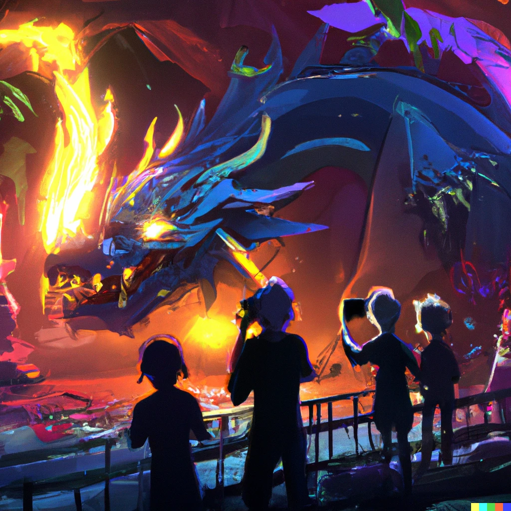 Prompt: People looking at fire-breathing dragons in the zoo, digital art