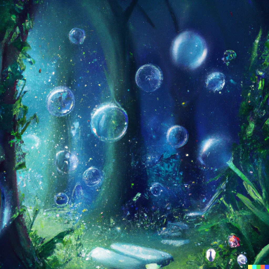 Prompt: It's raining with bubbles in a magical forest, digital art