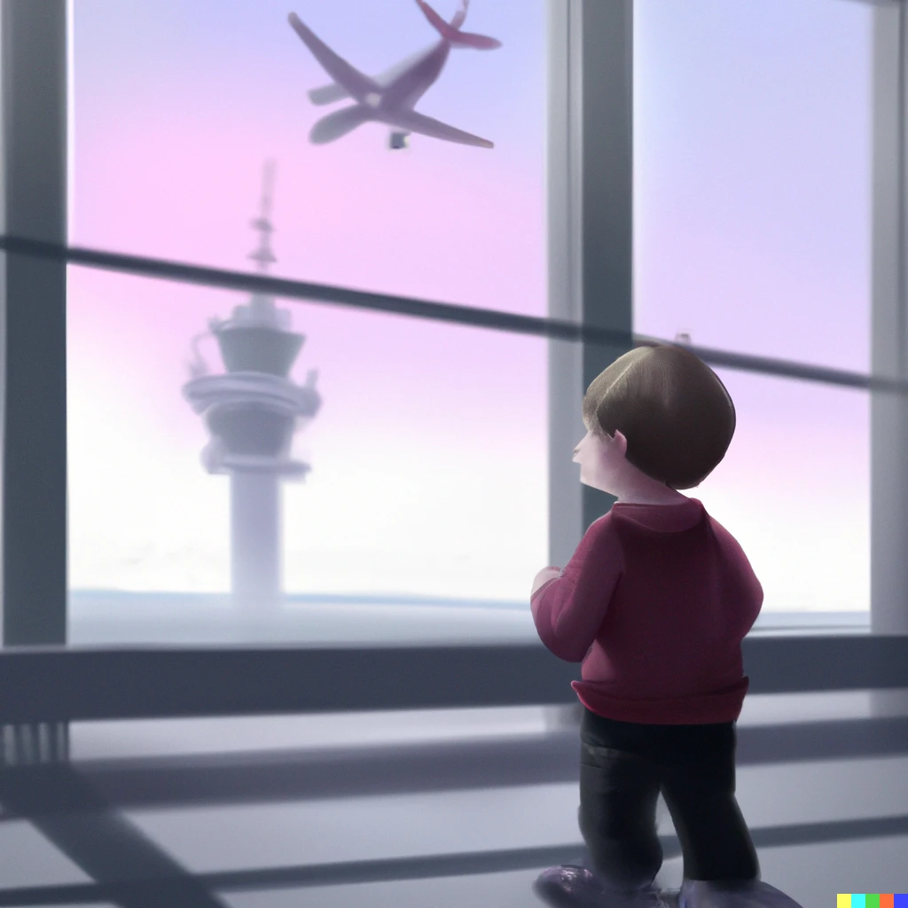 Prompt: Kid watching planes taking off from inside the airport, digital art