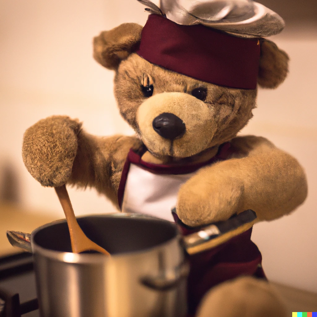 Prompt: Photograph of a teddy cooking in the kitchen