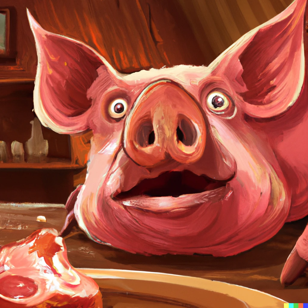 Prompt: Horrified pig watching a human eating bacon, 4K, very detailed, digital art
