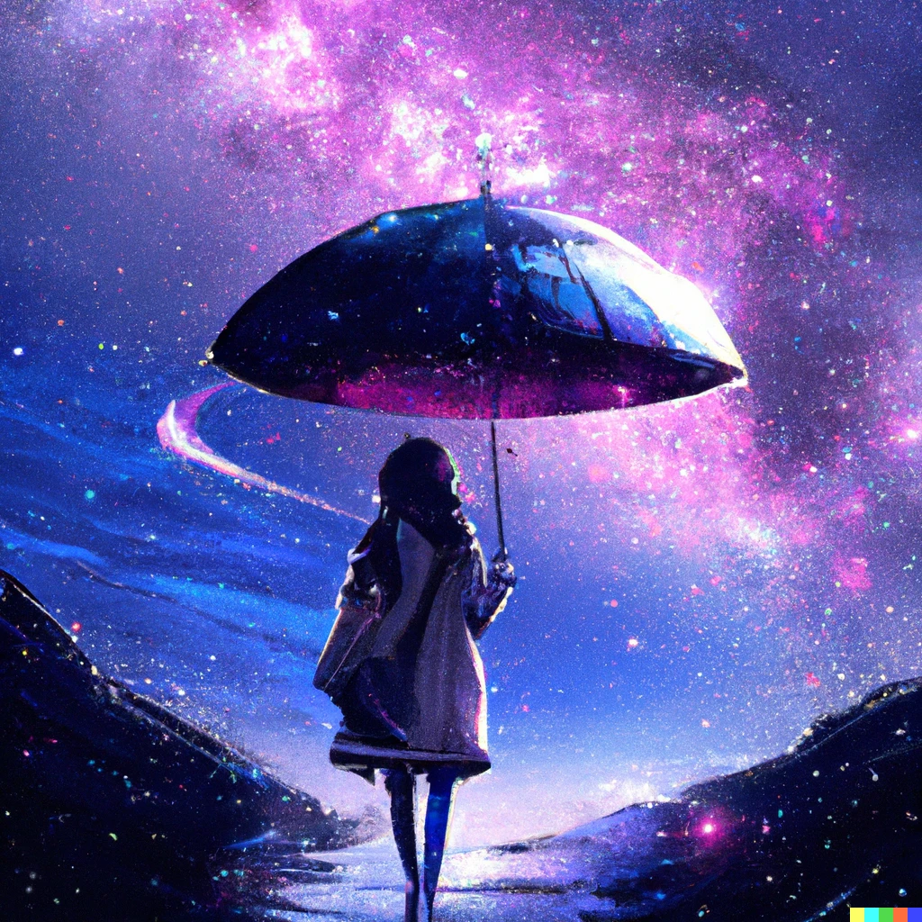 Prompt: Woman walking with an umbrella under the raining stars and galaxies, digital art