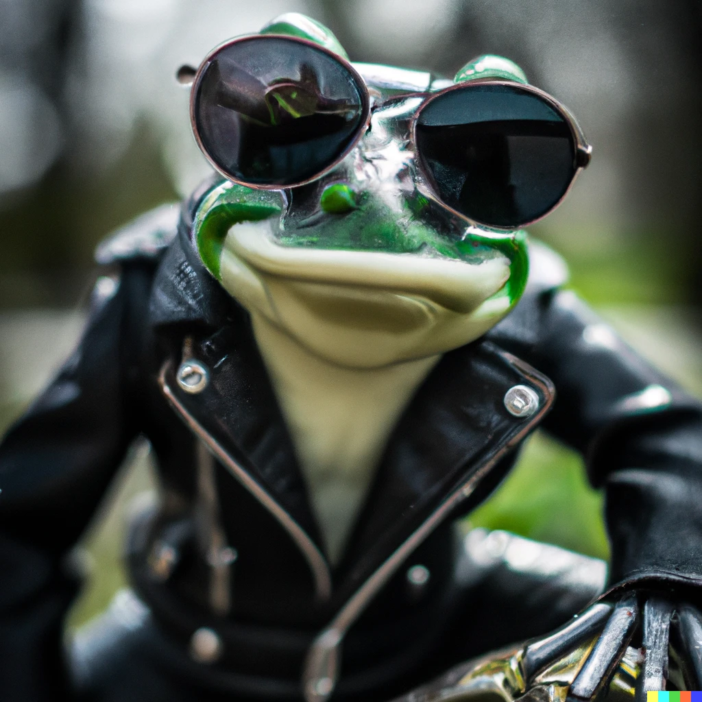 Prompt: Photograph of a frog with a leather jacket and sunglasses, f/1.0, 35 mm, 1/500 sec, ISO-200