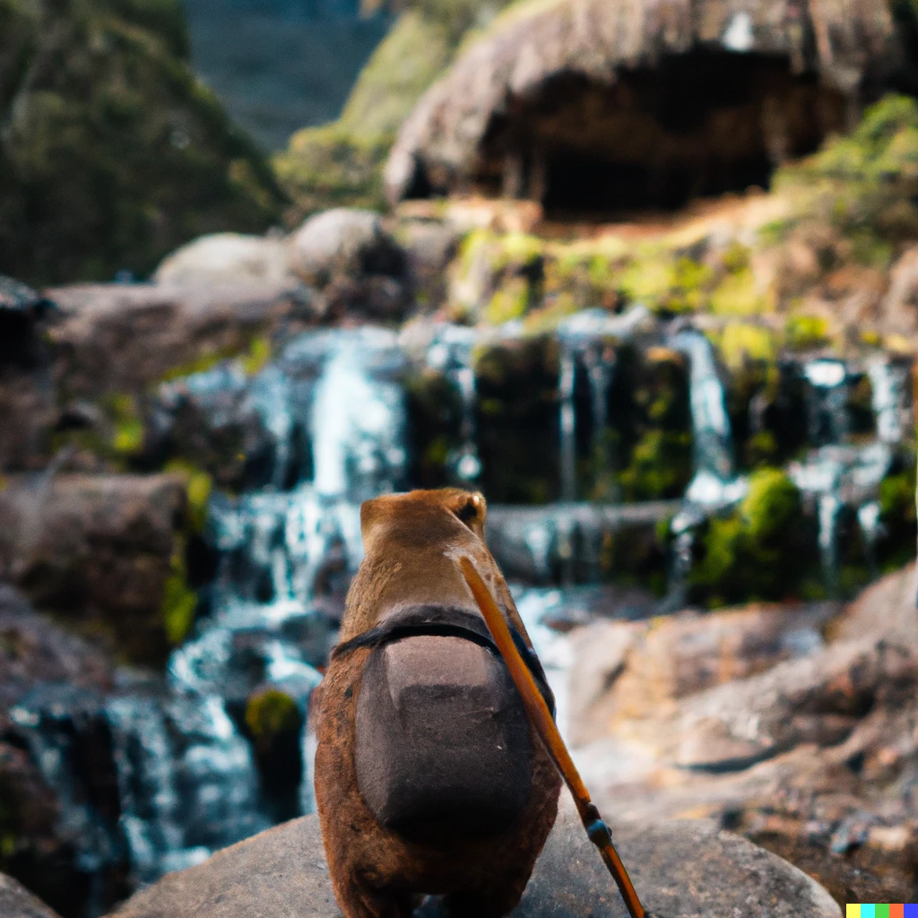 Prompt: A photo of the back of a wombat wearing a backpack and holding a walking stick. It is next to a waterfall and is staring at a distant mountain.