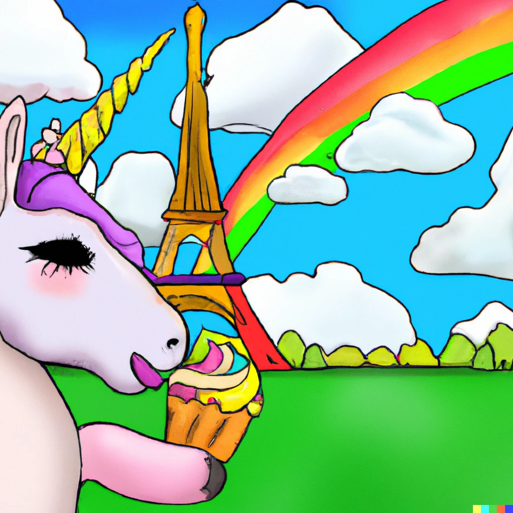 Prompt: A unicorn eating a cupcake in front of the eiffel tower and a rainbow in a gentle green glen with a cloudy blue sky