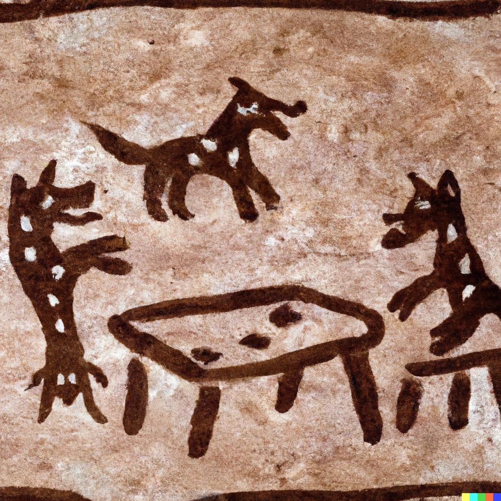 Prompt: Native american cave painting of Dogs playing cards at a table