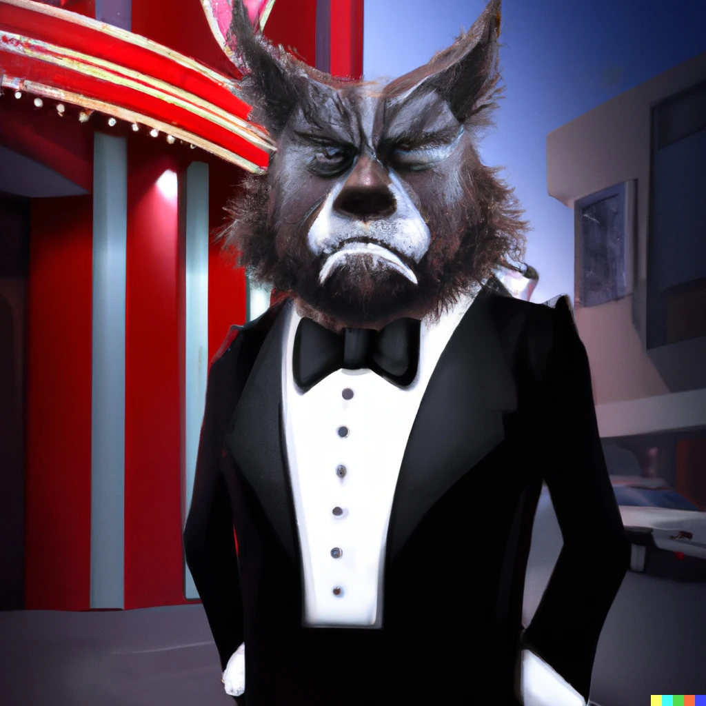 Prompt: Digital art of a Mean looking Werewolf in a tuxedo outside of graumann's Chinese theatre.
