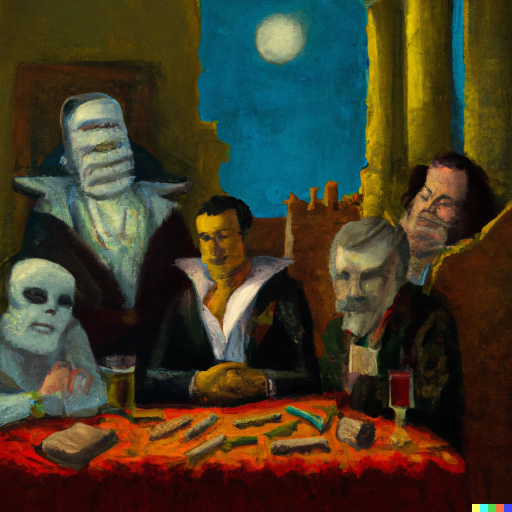 Prompt: Dracula, frankenstein, werewolf, and the mummy sitting around a table playing crackerbarrel-opoly portrait quality oil painting