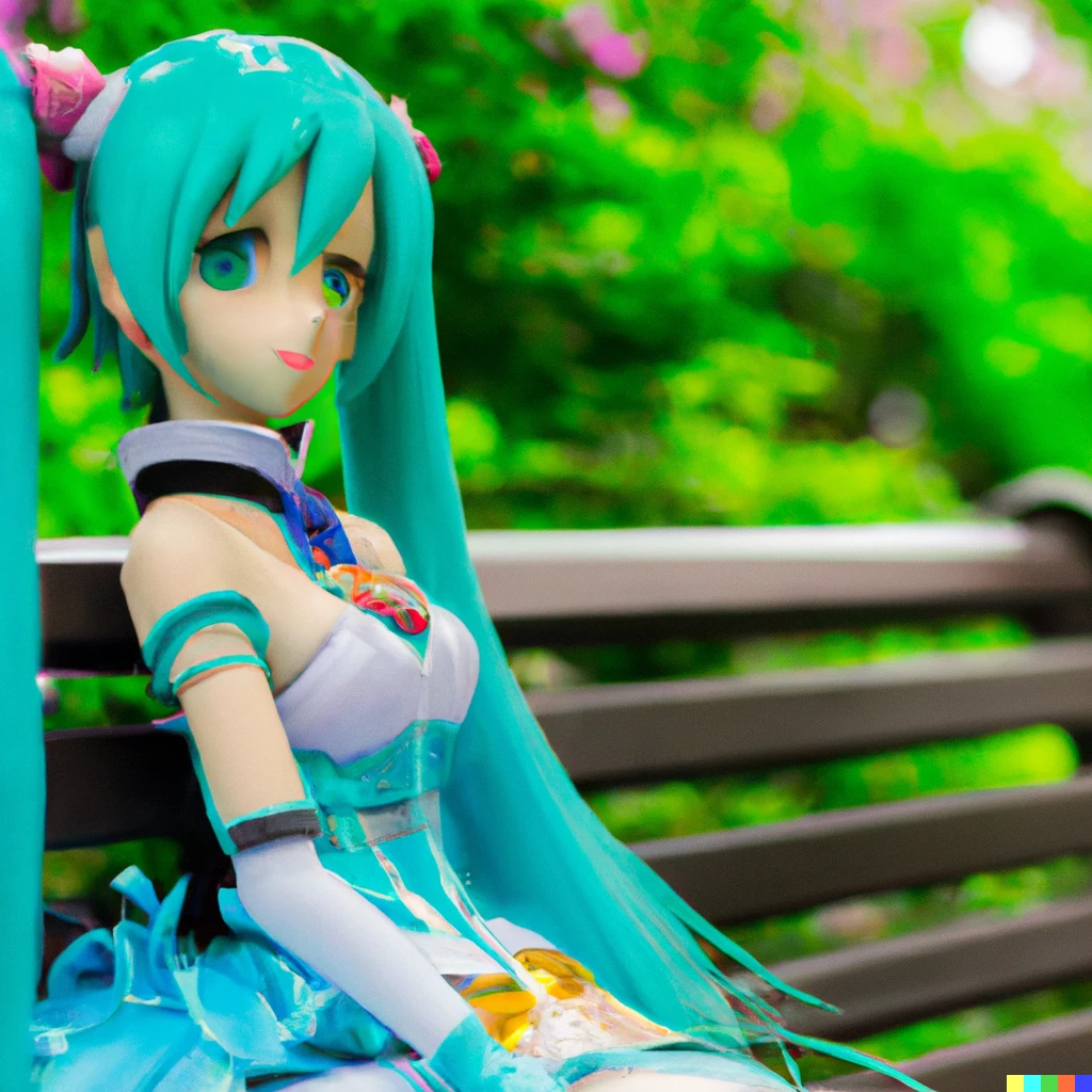 Prompt: Happy Hatsune Miku photo sitting on a bench in a beautiful park.