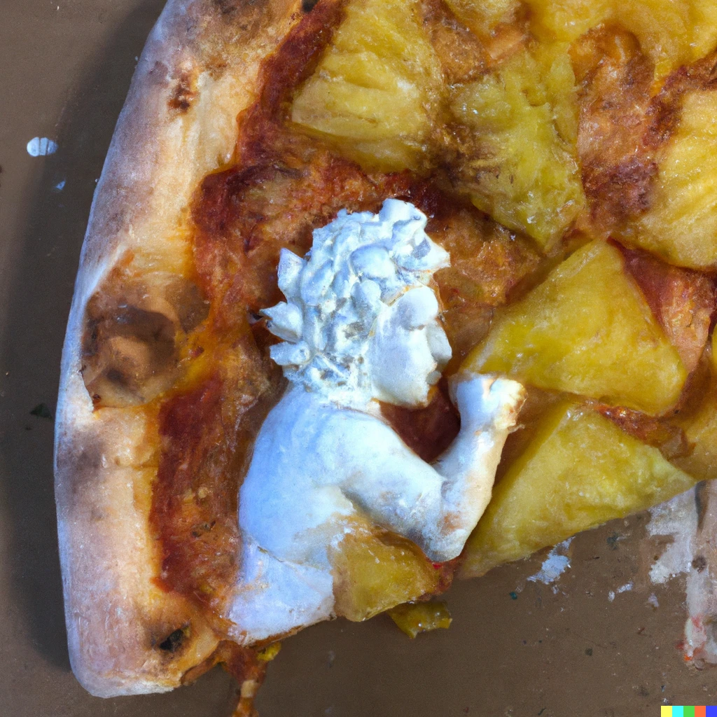 Prompt: Michelangelo' David eating pineapple pizza