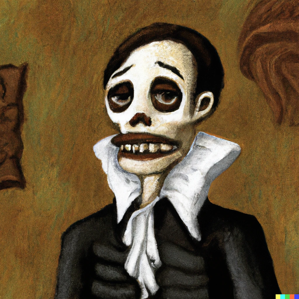 Prompt: Oil painting of Manuel Calavera from Grim Fandango in renaissance style