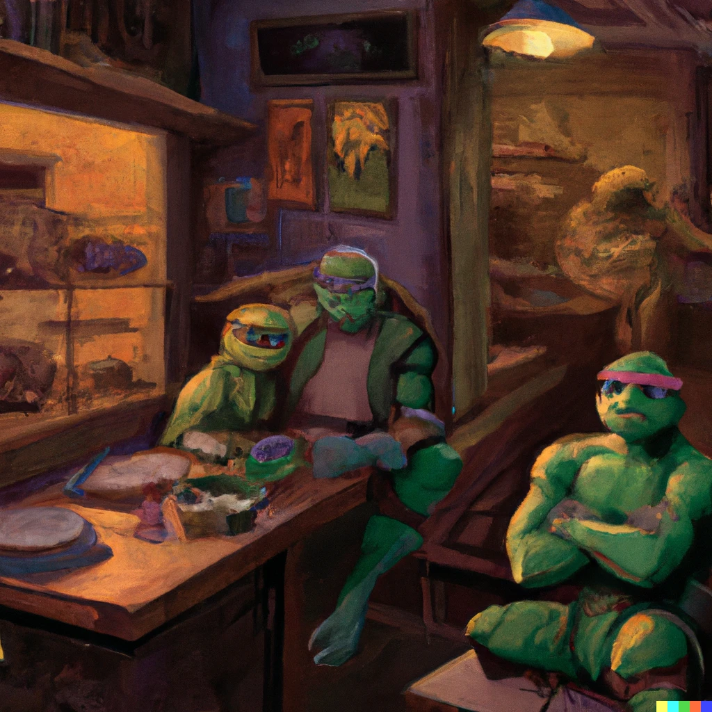 Prompt: Edward Hopper's Nighthawks painting with Teenage Mutant Ninja Turtles as main characters