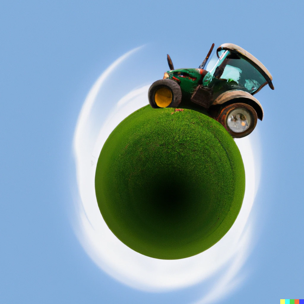 Prompt: A miniature planet with a green grass field in space with a cute tractor on the field.