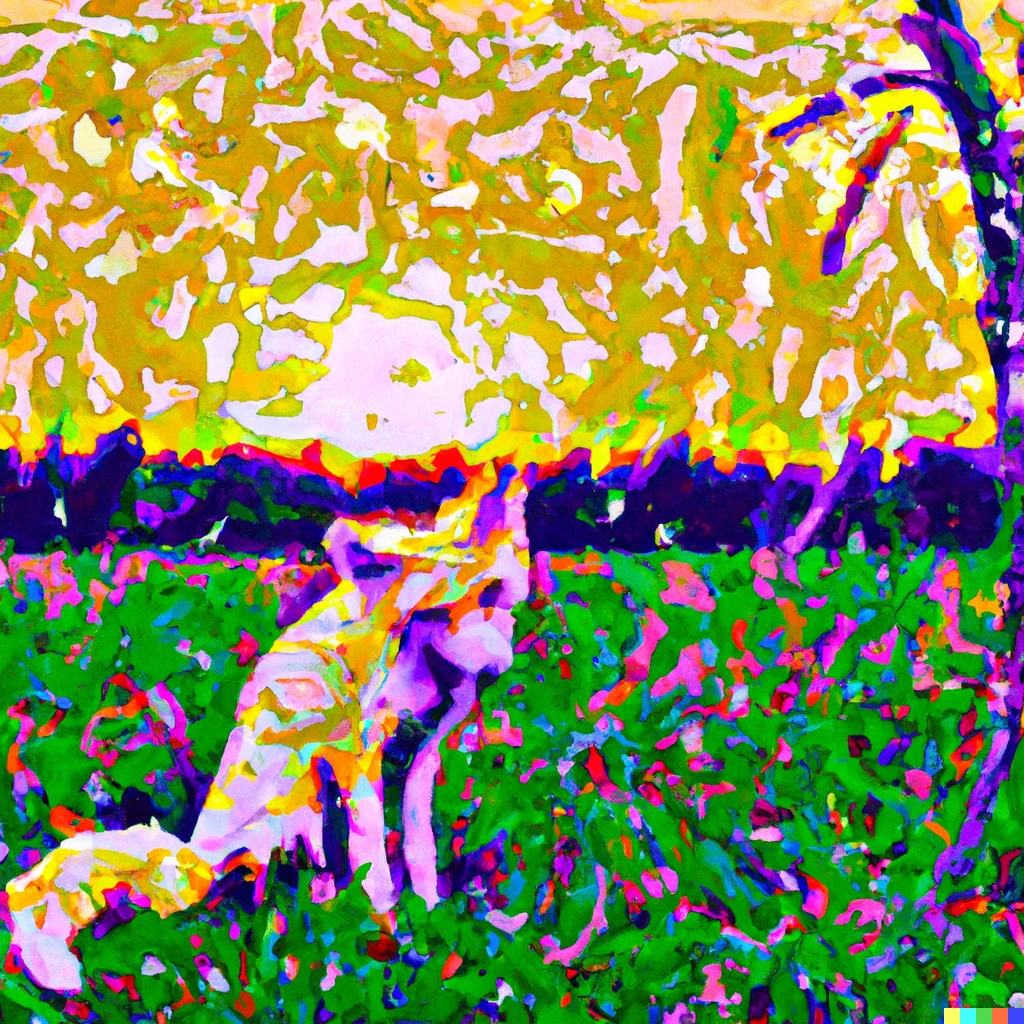 Prompt: a drip painting in the style of Jackson Pollock of a fox sitting in a field at sunrise