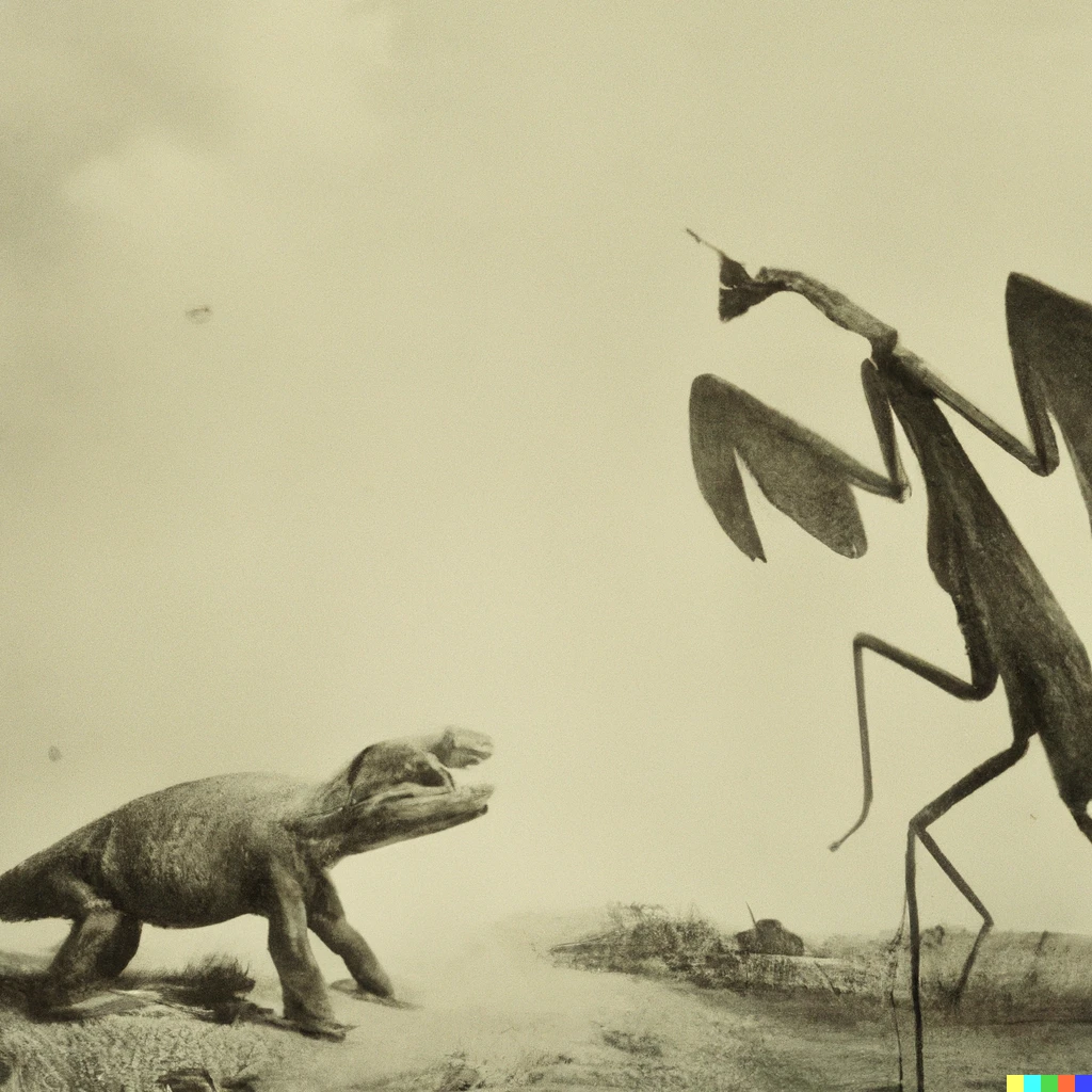 Prompt: A tyrannosarus and a praying mantis wearing swimsuits in a photograph from 1902.